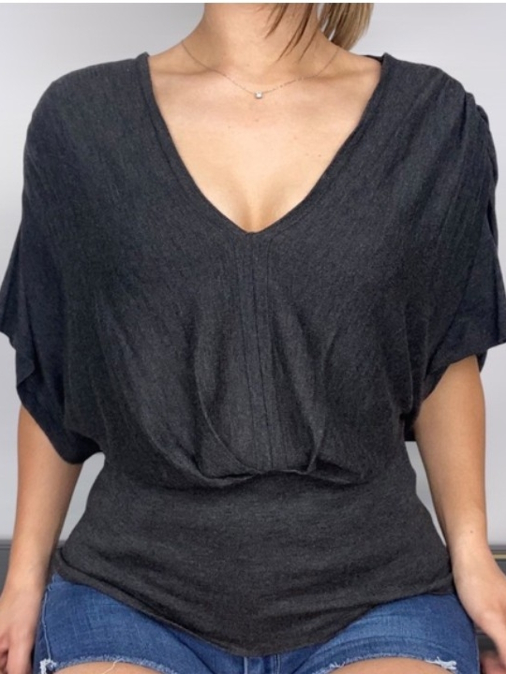 Moth Anthropologie Charcoal V-Neck Dolman Sleeve Top Sz S NWT $50